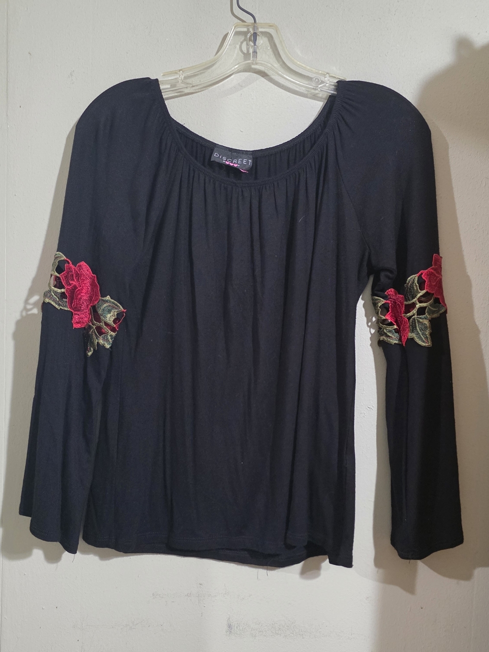 Womens Discreet Black Floral Embroidered Long Sleeve Top Us3d Size L